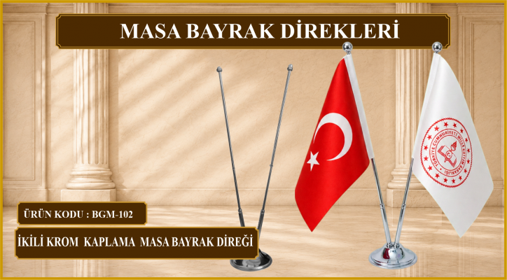 İkili  Krom Kaplama Masa Bayrak Direği
