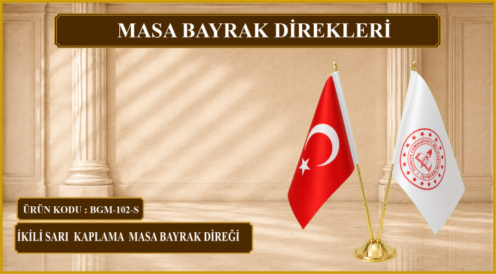 İkili  Sarı Kaplama Masa Bayrak Direği 