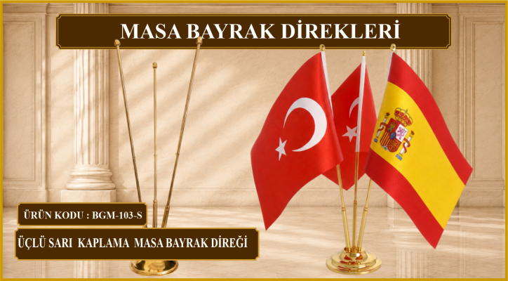 Üçlü Sarı Kaplama Masa Bayrak Direği