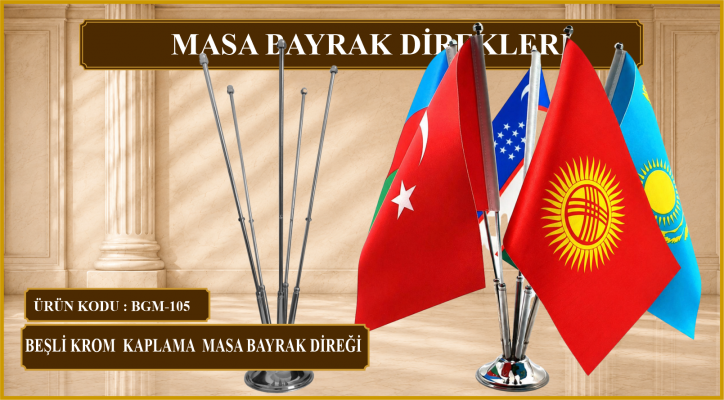 Beşli Krom Kaplama Masa Bayrak Direği