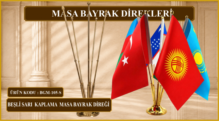 Beşli Sarı  Kaplama Masa Bayrak Direği 